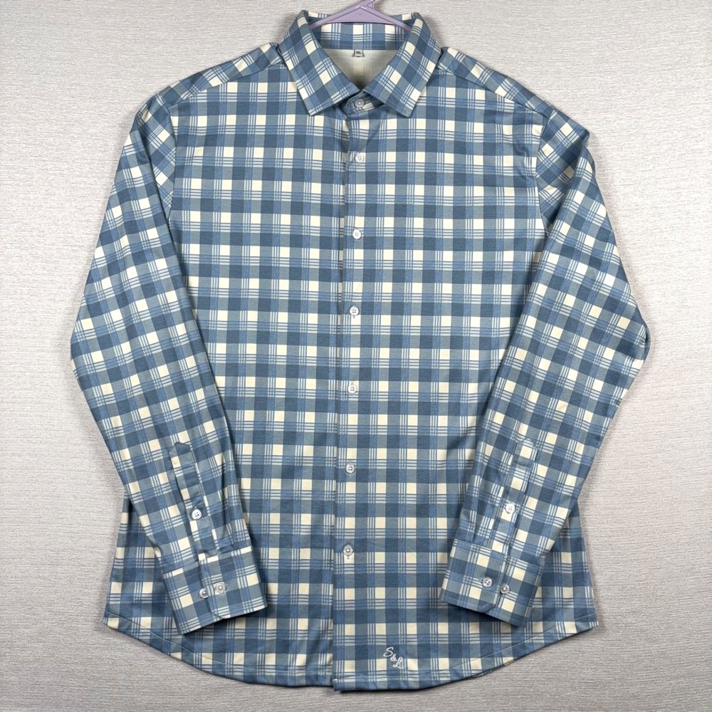 State & Liberty Flannel Shirt Mens Size 2XL Blue Plaid Poly Spandex Long Sleeve